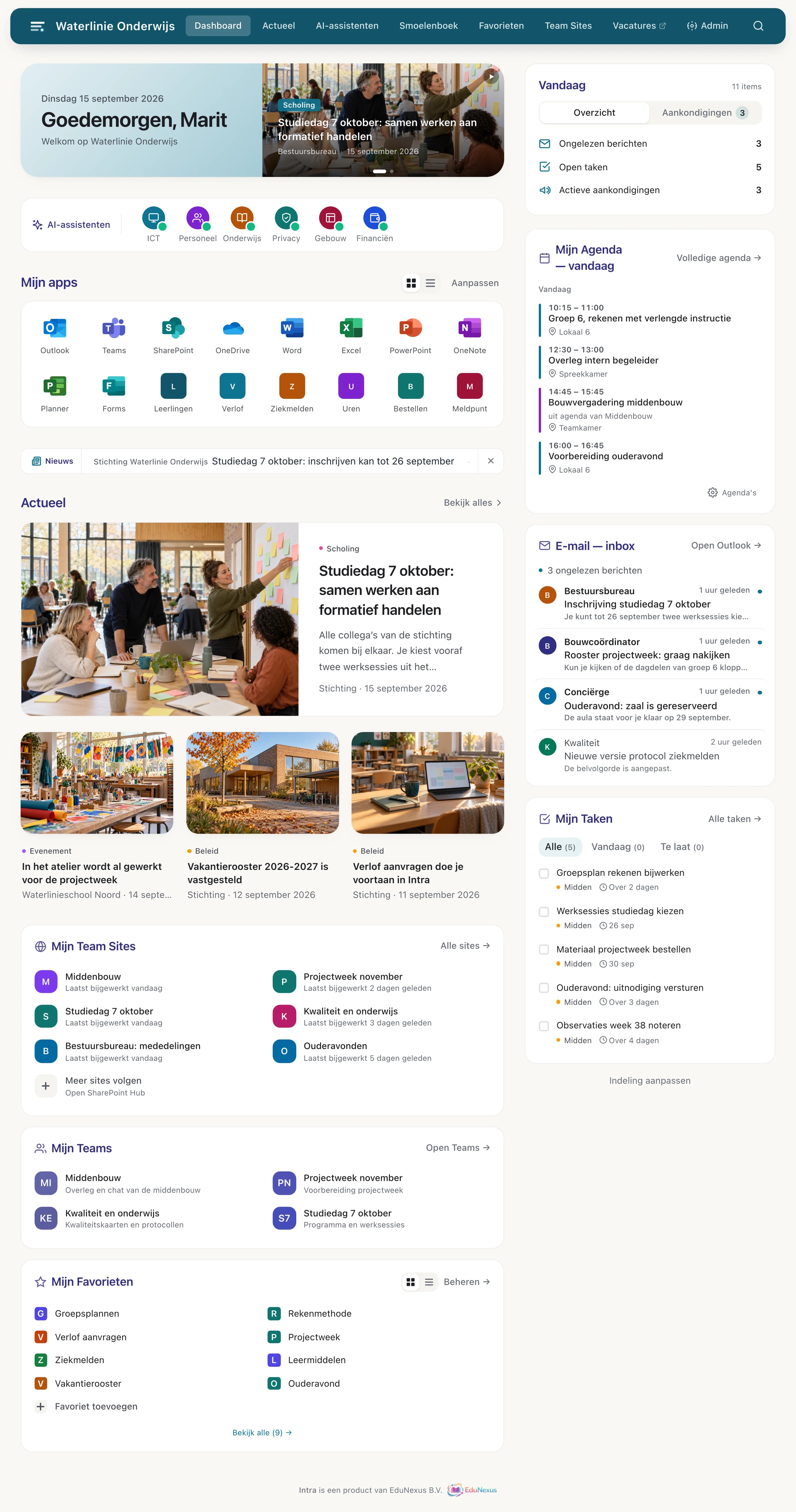 De volledige startpagina van Intra voor Marit, leerkracht op Waterlinieschool Noord. Bovenaan de groet Goedemorgen, Marit met een uitgelicht bericht over de studiedag, daaronder zes AI-assistenten, zestien apps, een nieuwsregel en het blok Actueel met vier berichten met foto. In de rechterkolom het overzicht Vandaag, vier afspraken uit de agenda, vier e-mails en vijf taken. Onderaan Mijn Team Sites, Mijn Teams en Mijn Favorieten.