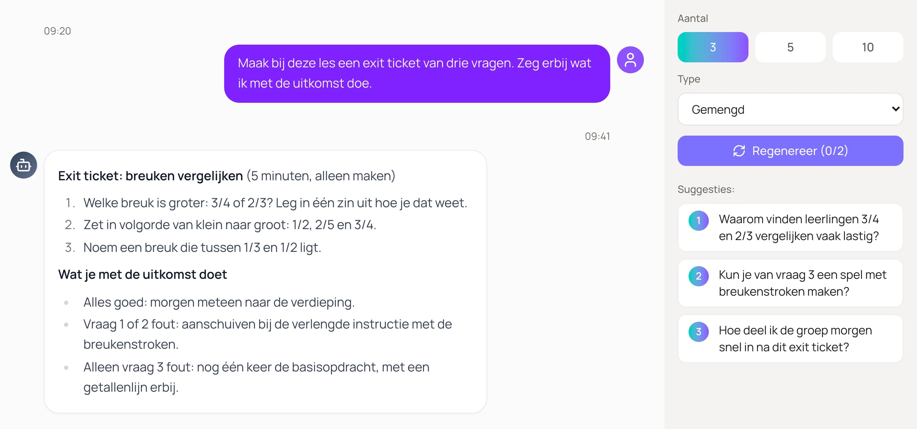 Uitsnede uit Brain Buddy. Links de vraag om een exit ticket bij een rekenles over breuken, met het antwoord: drie toetsvragen en wat je met de uitkomst doet. Rechts het paneel met vervolgvragen: Aantal 3, Type Gemengd, de knop Regenereer en drie suggesties, zoals “Kun je van vraag 3 een spel met breukenstroken maken?”