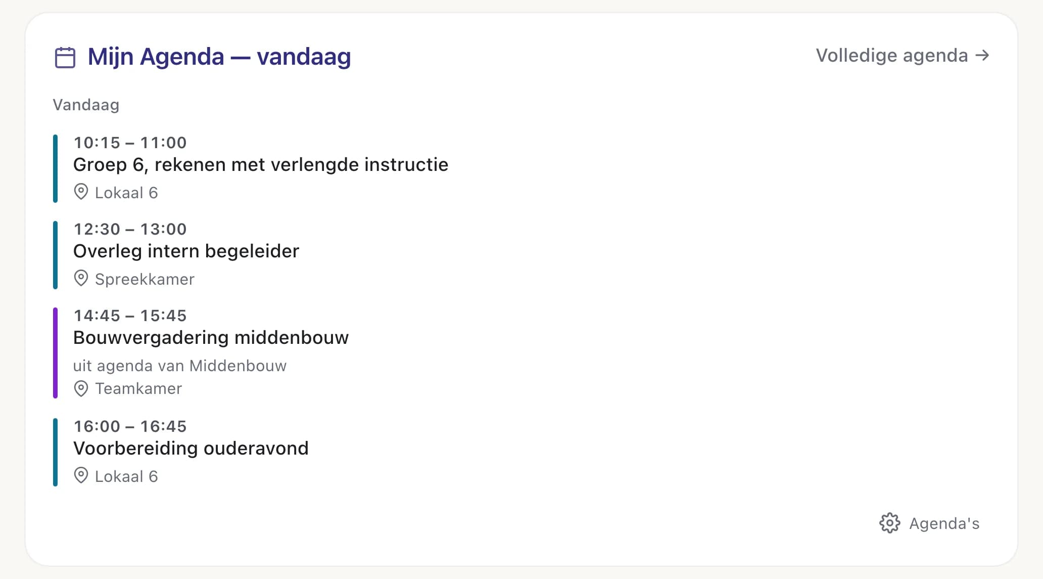 Uitsnede uit Intra: de agenda van vandaag met vier afspraken tussen 10.15 en 16.45 uur. Bij de bouwvergadering staat dat hij uit de agenda van de middenbouw komt.