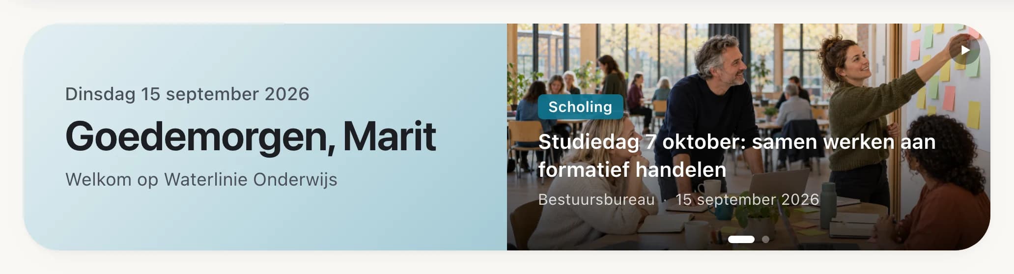 Uitsnede uit Intra: de welkomstbalk met links de datum en de groet 'Goedemorgen, Marit', en rechts een uitgelicht nieuwsbericht over een studiedag op 7 oktober.