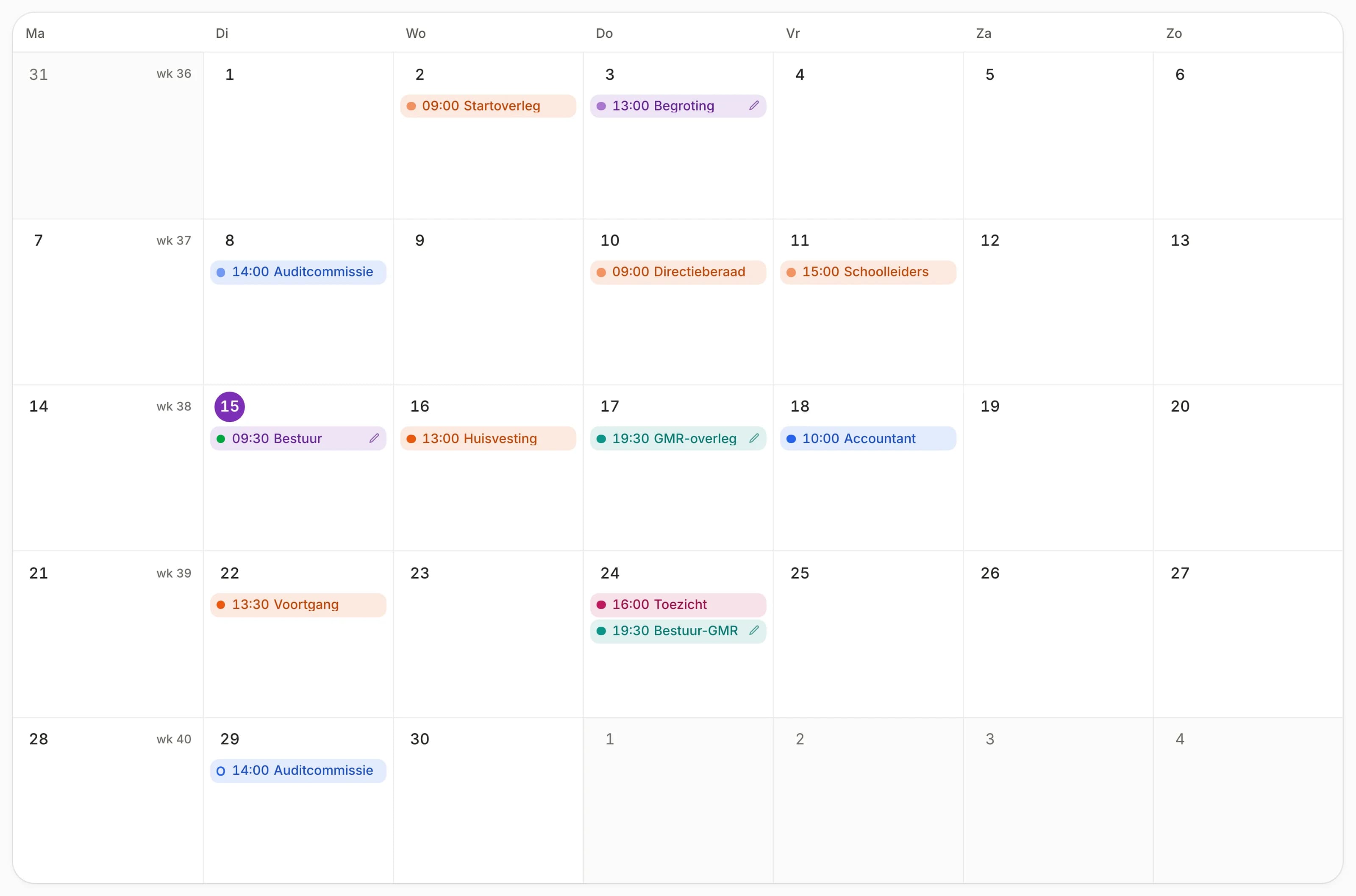 Uitsnede uit Meetings: de maandkalender van september 2026 met dertien overleggen, elk in de kleur van zijn soort, zoals bestuur, GMR, auditcommissie, directieberaad en toezicht. Dinsdag 15 september is gemarkeerd als vandaag.