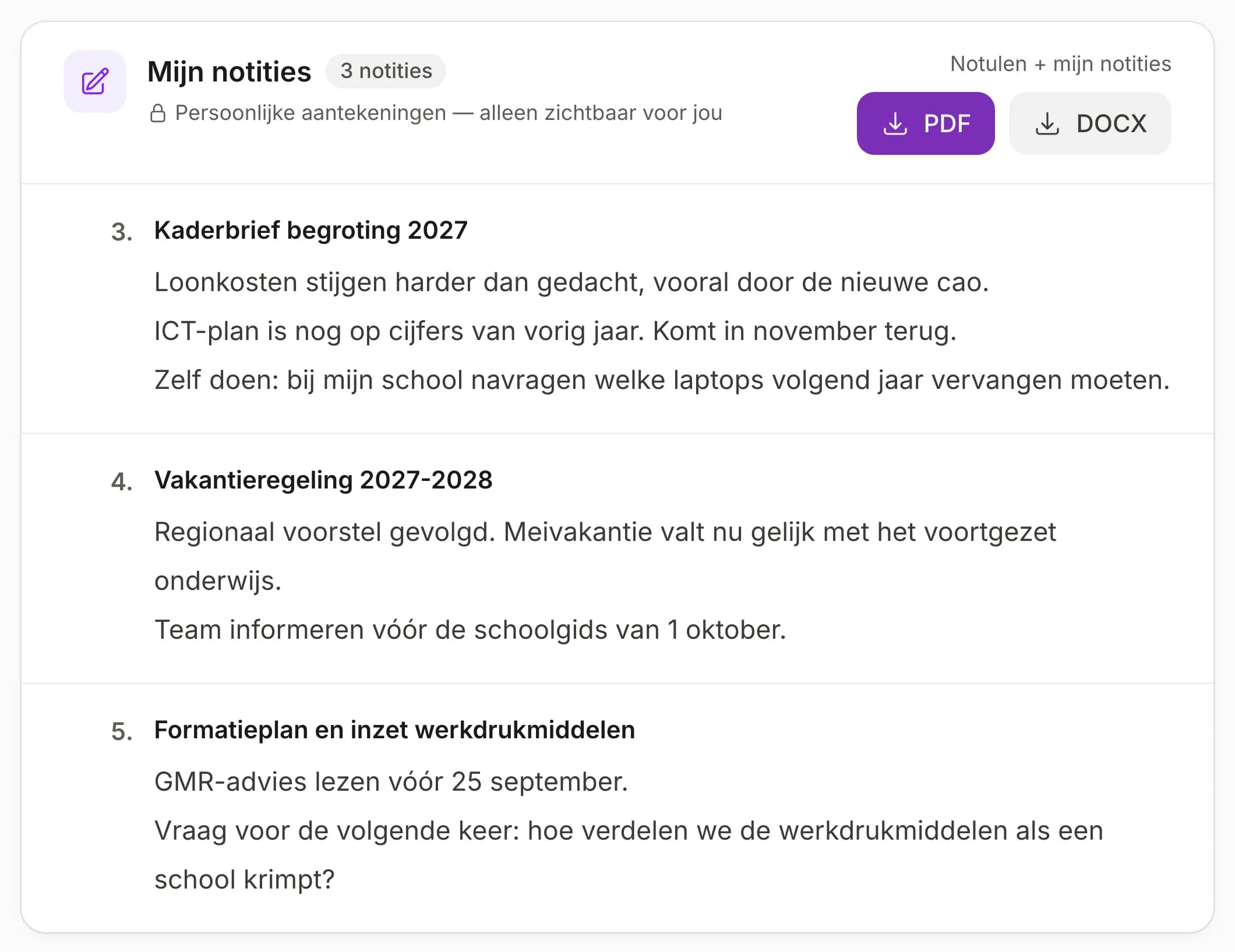 Uitsnede uit Meetings: de kaart Mijn notities met drie notities, bij de agendapunten 3, 4 en 5. Bovenaan staat Persoonlijke aantekeningen, alleen zichtbaar voor jou, met twee knoppen om de notulen met je eigen notities te downloaden: PDF en DOCX.